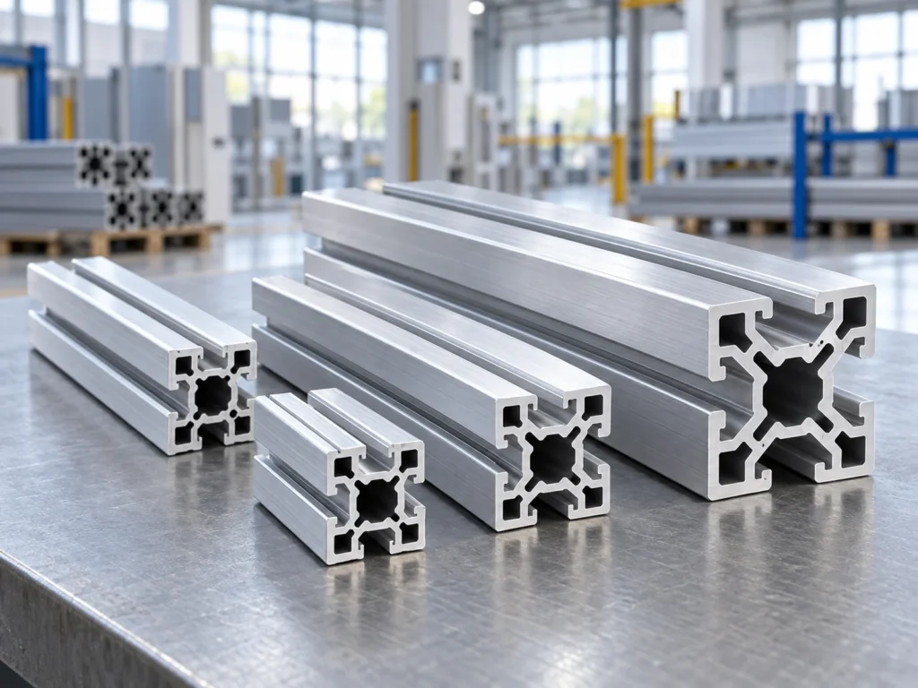 Cut ends of aluminum T-slot profile sections arranged side by side