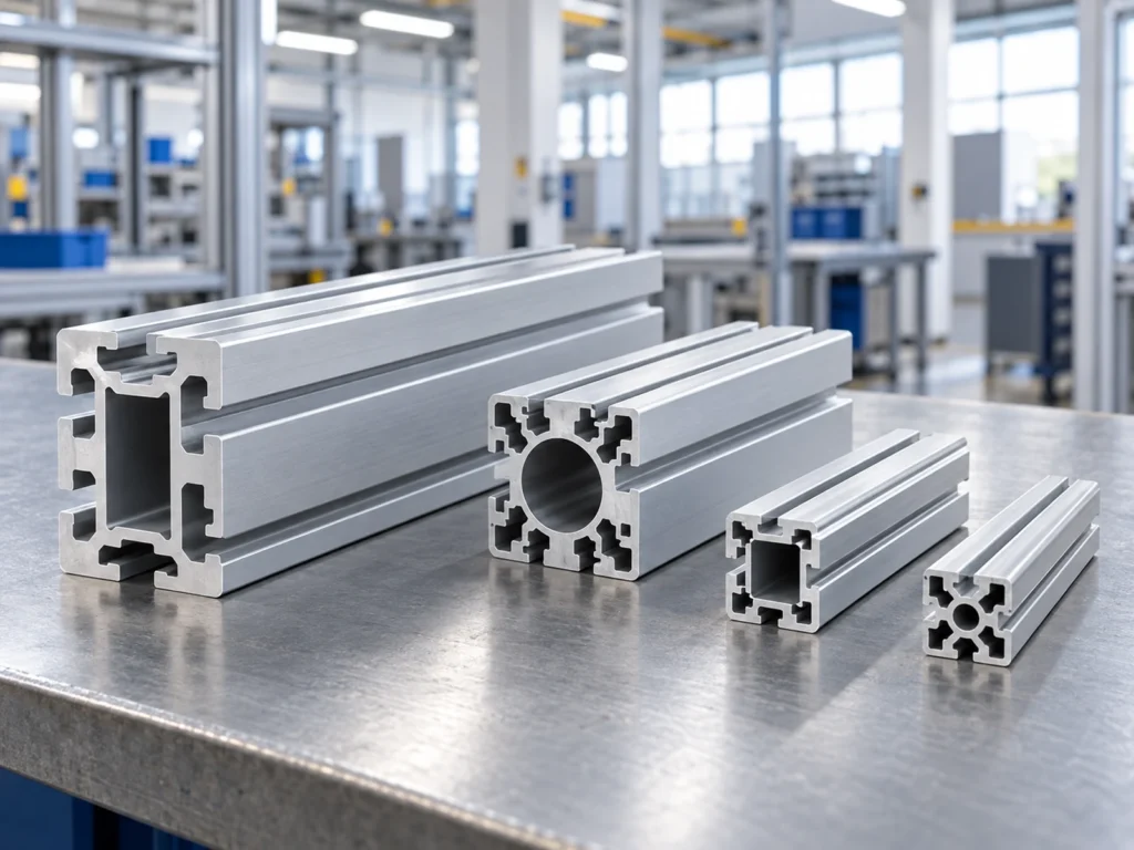 Four slotted aluminum profiles with different visible cross-sections arranged side by side on a metal bench.
