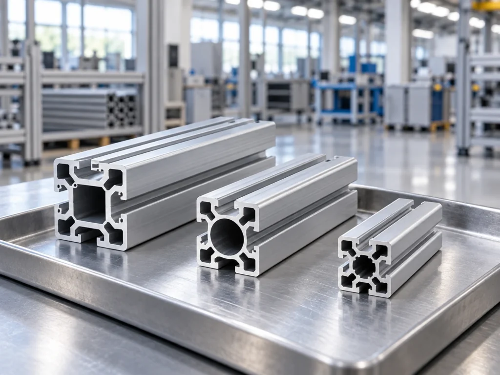 Three different sizes of slotted aluminum profile sections arranged in a metal tray, with their internal cavities and slot openings visible.