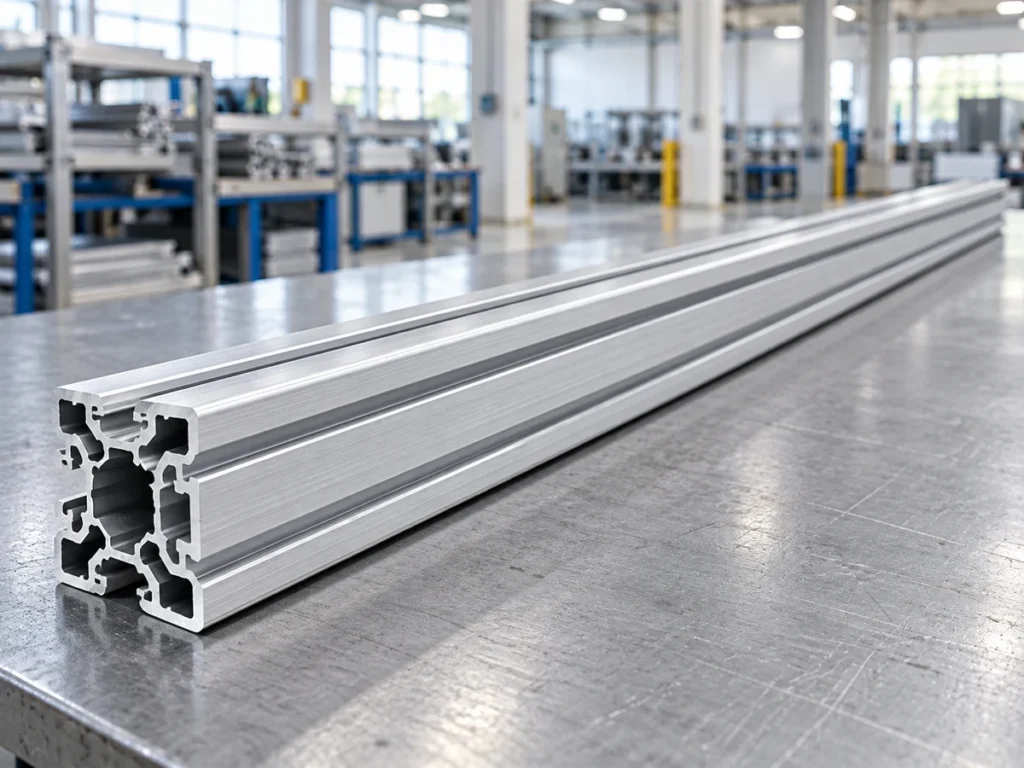 Long hollow aluminum extrusion with external slots on a workshop table