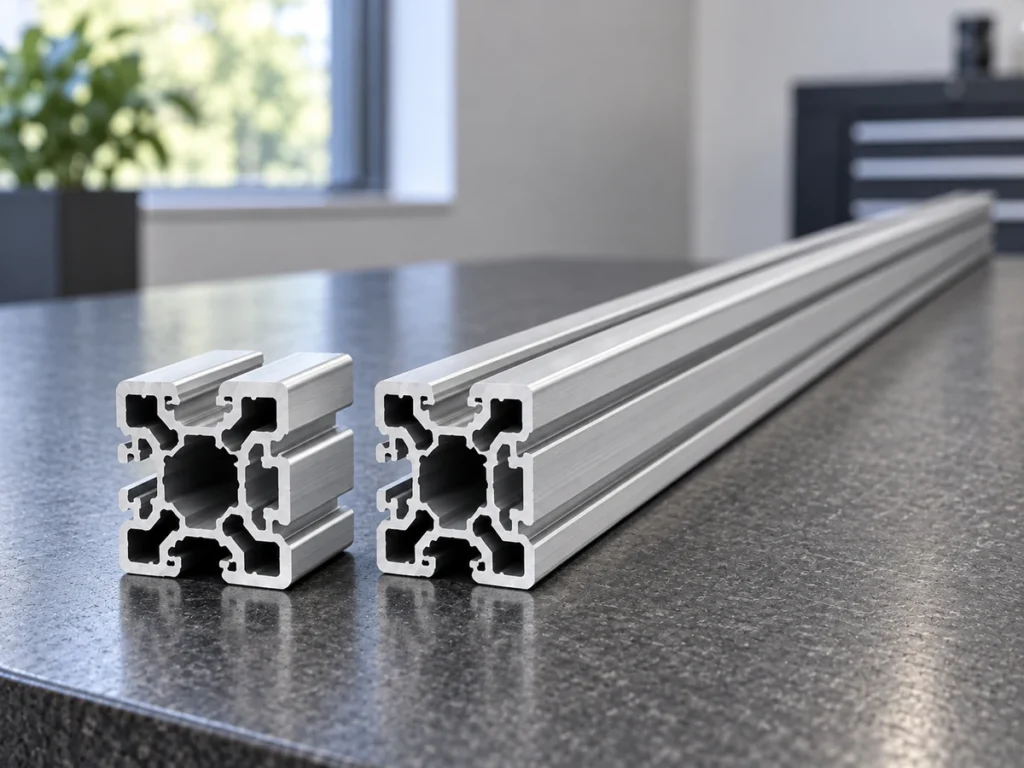 Short T-slot aluminum profile beside a longer stock length on a bench