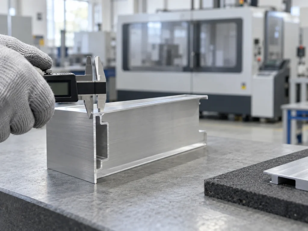 Gloved hands holding a digital caliper beside the end of an aluminum extrusion, with an enclosed industrial machine in the background.