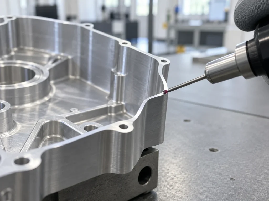 Machined housing pocket with bores, holes and a contact probe
