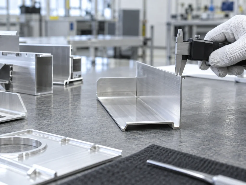 Caliper jaws contacting an outer edge of a hollow aluminum section on a bench