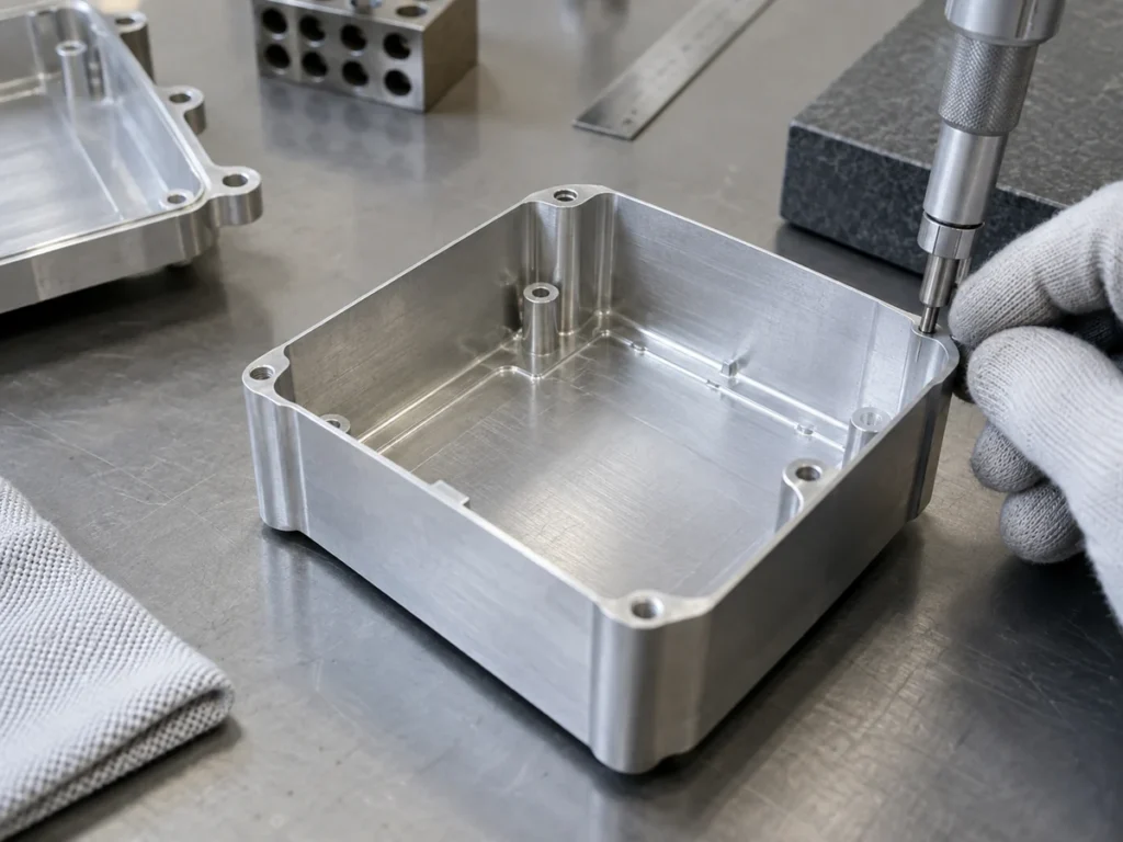 Probe beside an open aluminum housing and machined samples