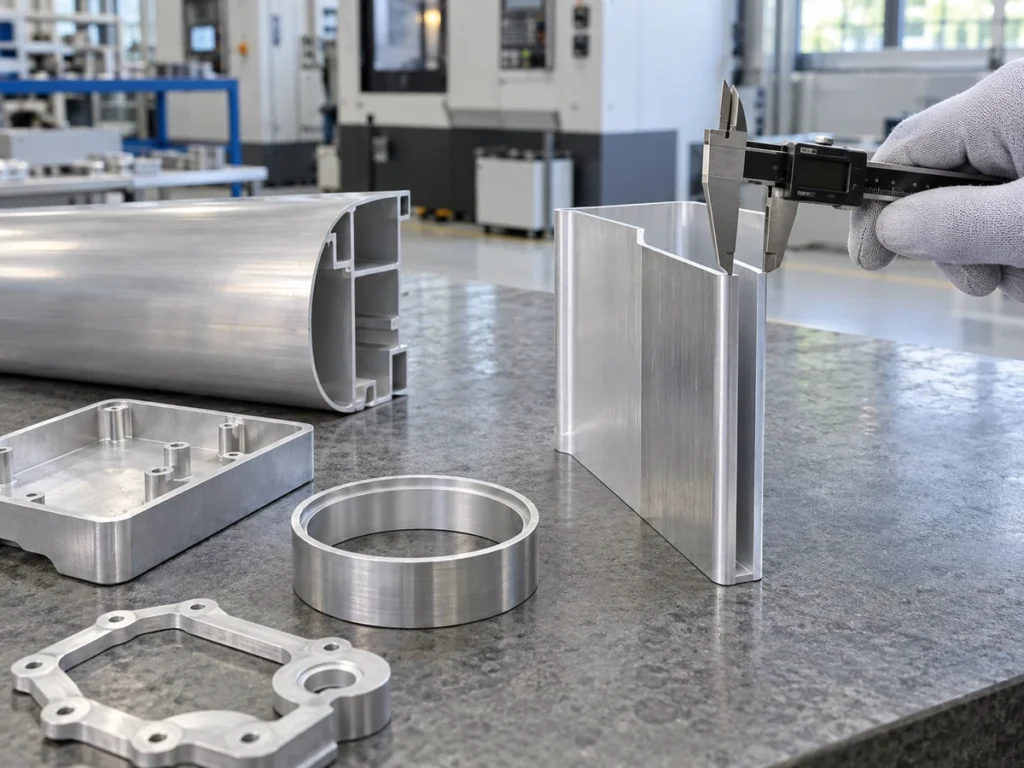 Gloved hand holding a caliper beside an upright channel section and machined samples