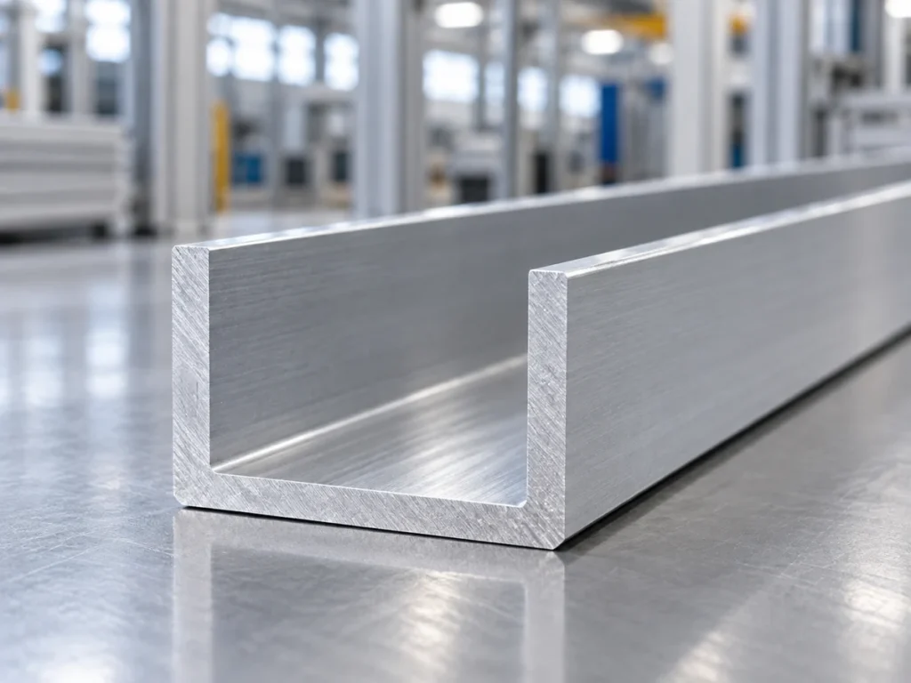 Close view of a plain U-shaped aluminum channel with two upright walls on a metal bench.