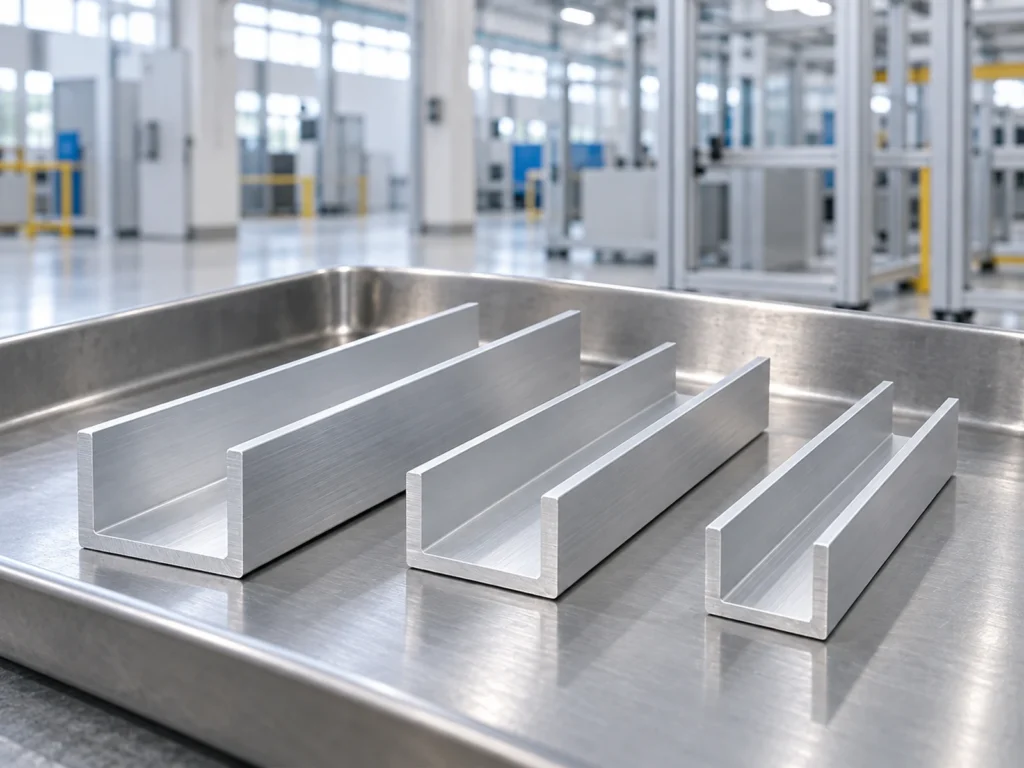 Three U-channel aluminum samples arranged in a shallow metal tray.