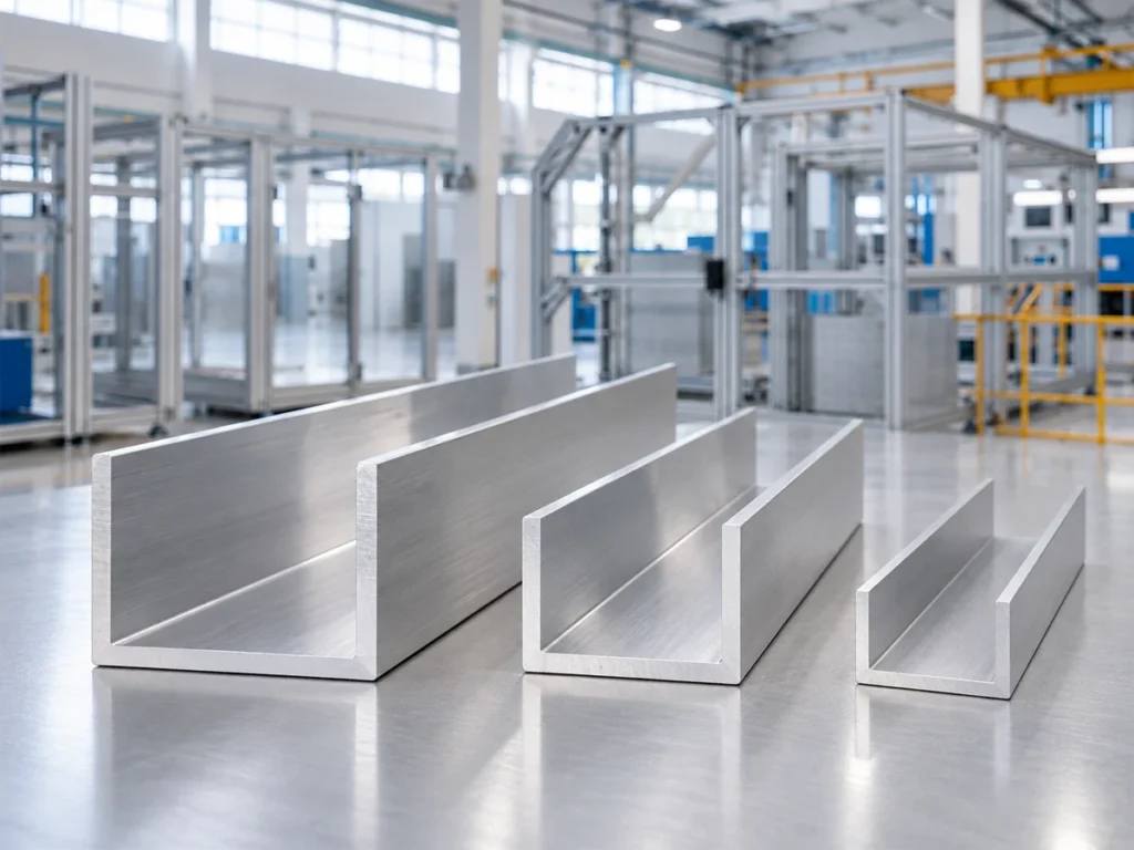 Three aluminum U-channel sections of different visible sizes resting with their open sides upward on a bench.