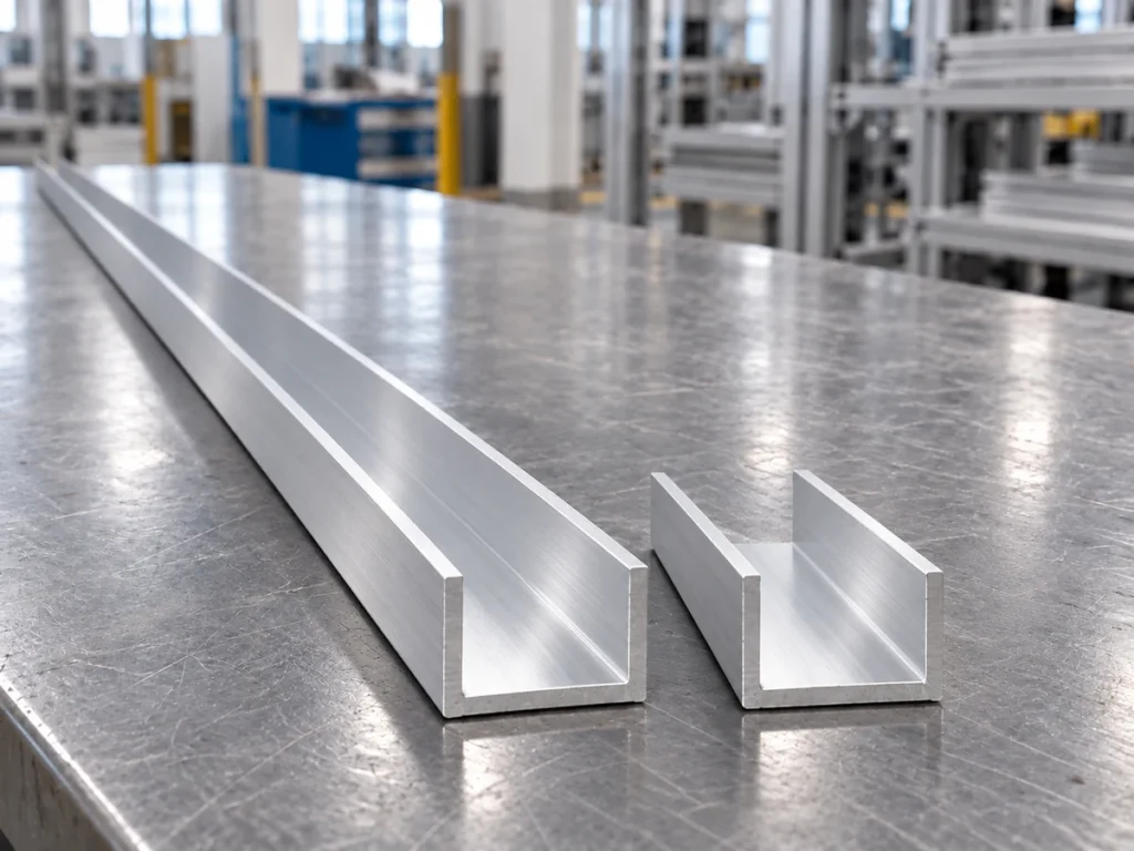 A long aluminum U-channel and a shorter channel piece beside it on a workbench.
