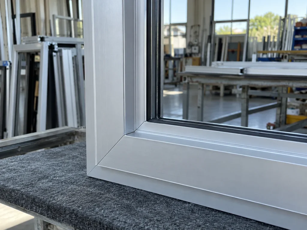 Close view of the lower corner of an aluminum-framed glazed assembly on a workshop bench.