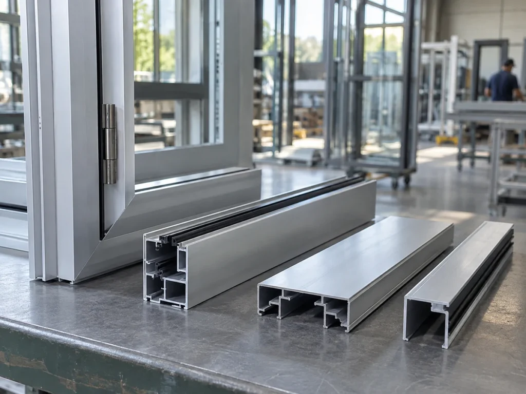 Several different aluminum profile sections on a bench beside a hinged glazed frame.