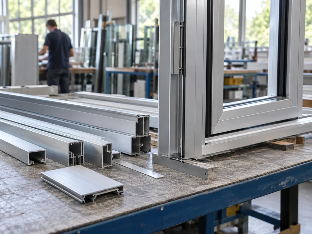 Aluminum frame and separate profile sections on a workshop bench