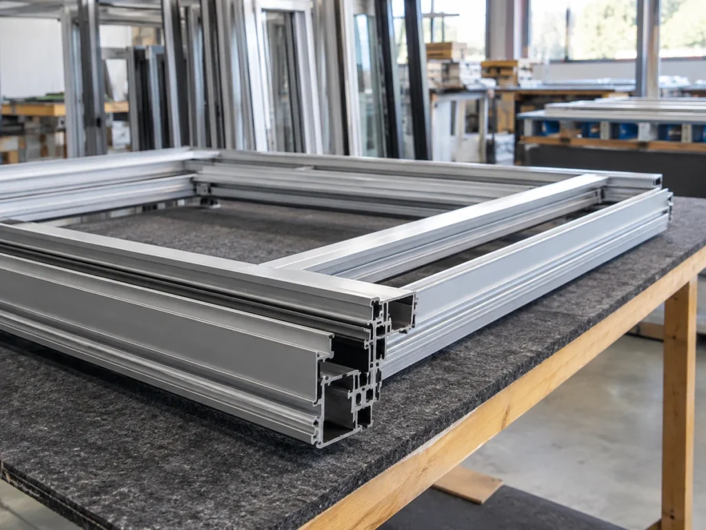 Rectangular aluminum window frames resting on a workbench