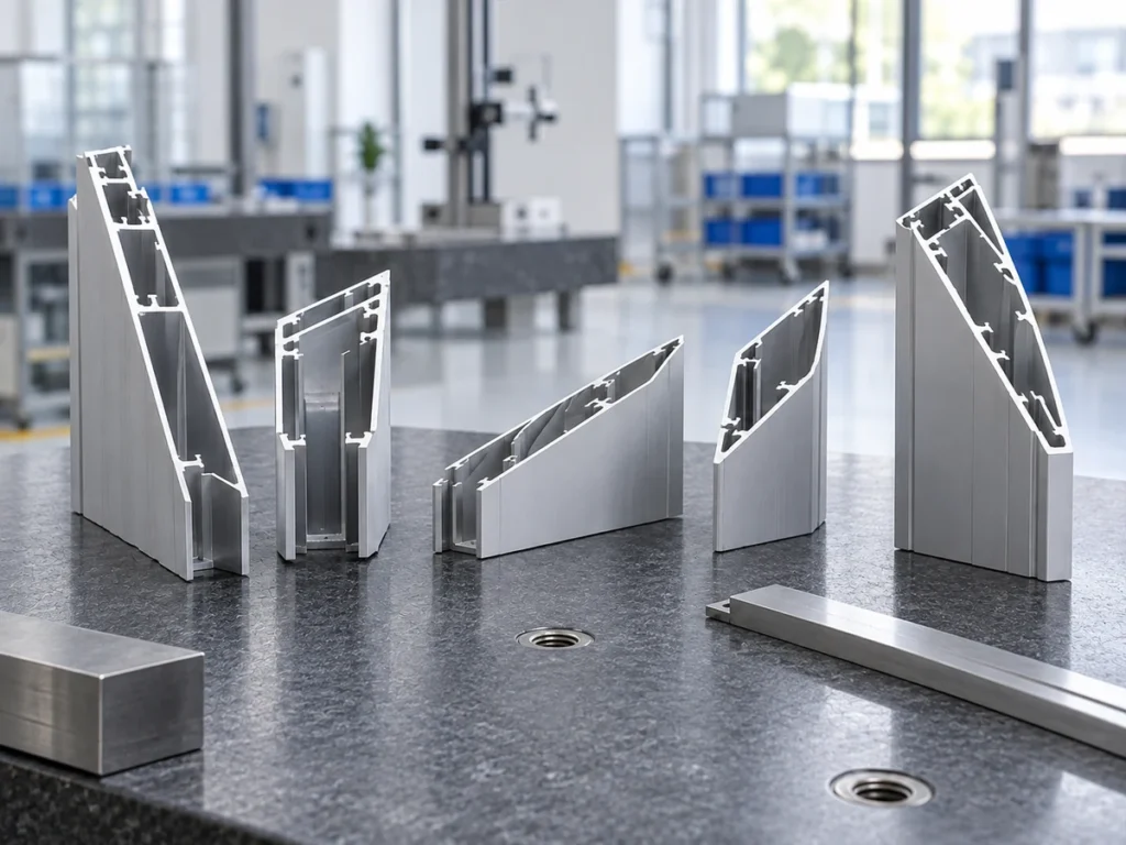 Hollow aluminum profile pieces standing at different orientations on a metal bench, with sloping end faces and a long horizontal member.