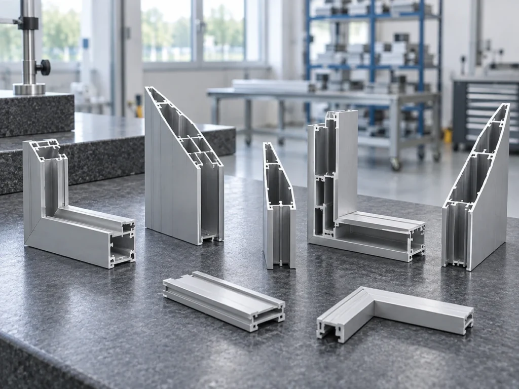 Aluminum profile samples with angled ends and partial corner arrangements on a bench.