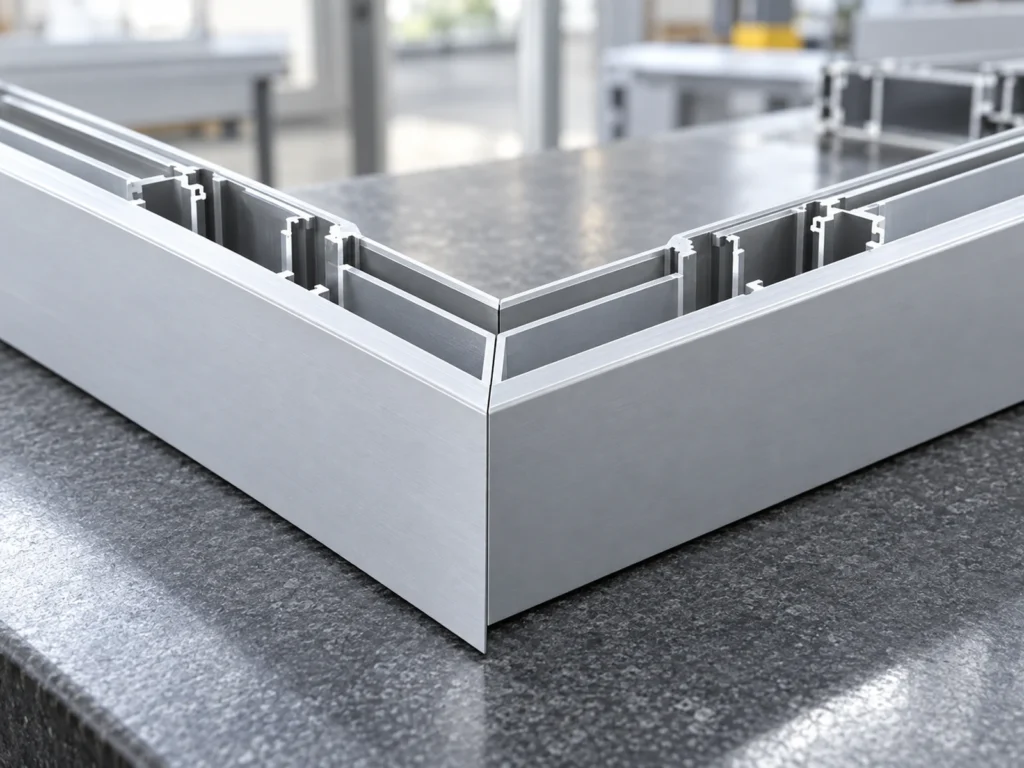 Close view of aluminum profile faces meeting at a mitered corner