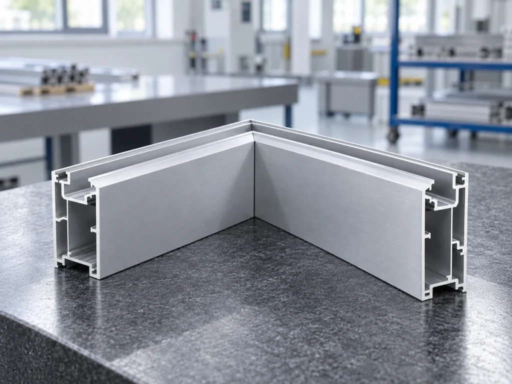 Aluminum miter cut length context showing two profiles meeting at a corner