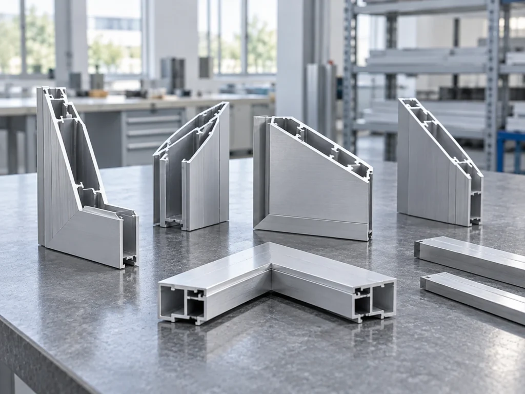 Aluminum mitered profile corner samples on a review bench