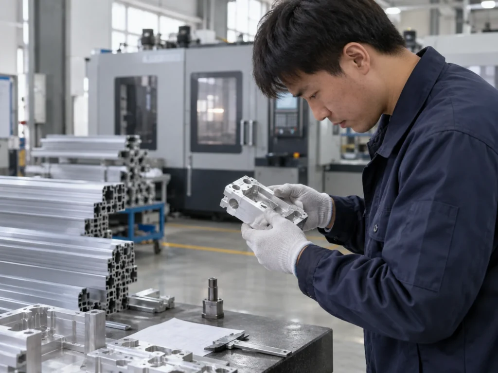 Person wearing gloves examining a machined aluminum component above a workshop bench, with stacks of hollow profiles and an enclosed machine behind.