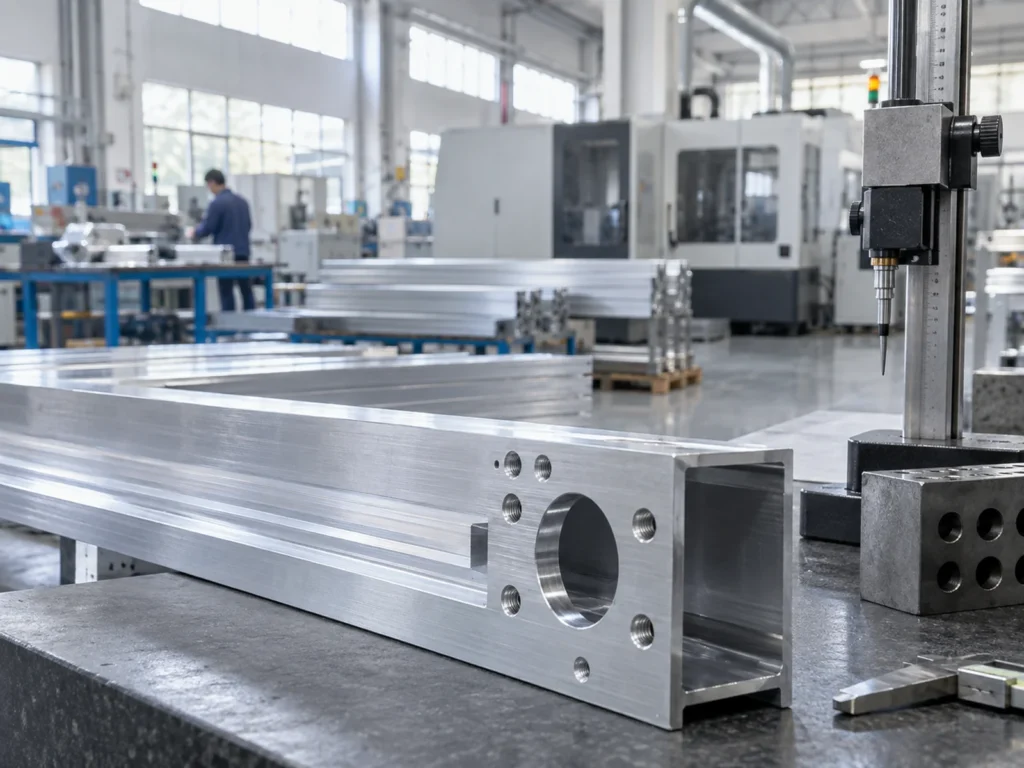 Machined hollow aluminum member with circular and threaded holes on a bench beside a vertical measuring probe, with long profiles behind it.