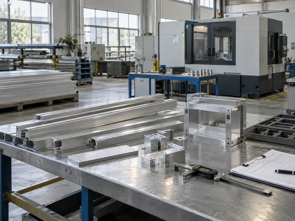 Long aluminum extrusions, machined blocks and a small frame on a metal bench beside a digital caliper and drawing sheet.