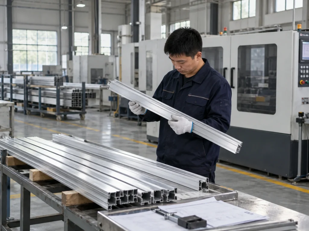 Person wearing gloves holding an aluminum extrusion above a bench of profiles, with an enclosed industrial machine and workshop racks behind.