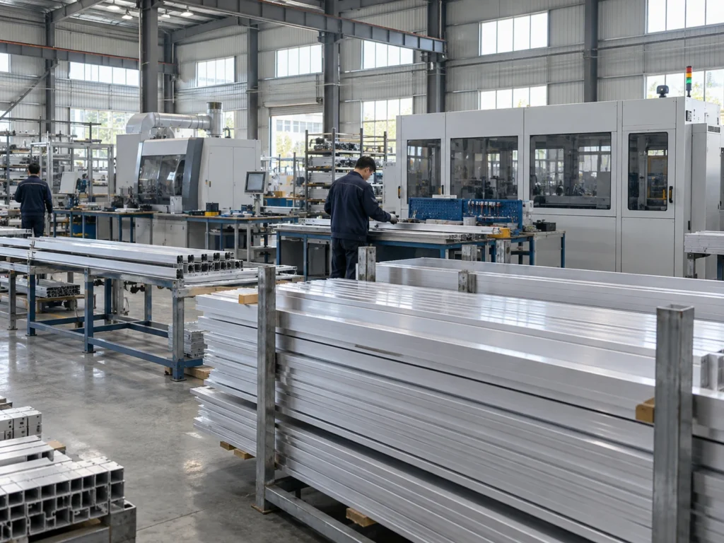 Stacks of long aluminum profiles on blue workshop supports, with two people at benches beside enclosed industrial machines.