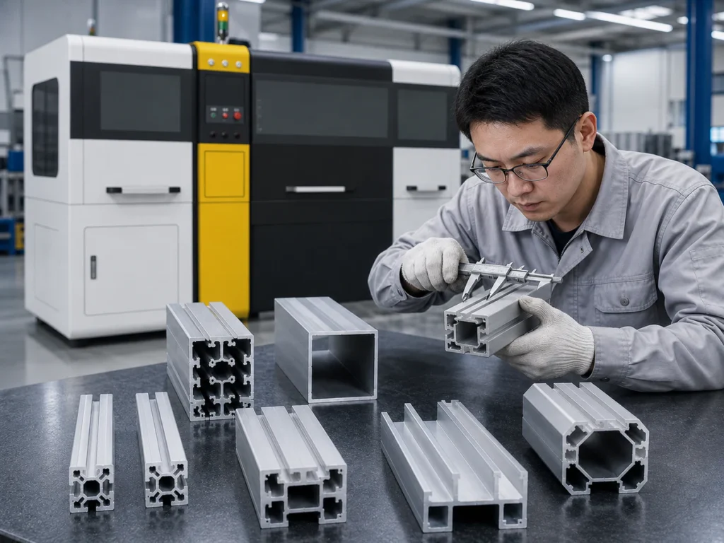 Engineer comparing aluminum profile samples with a caliper at an inspection bench.