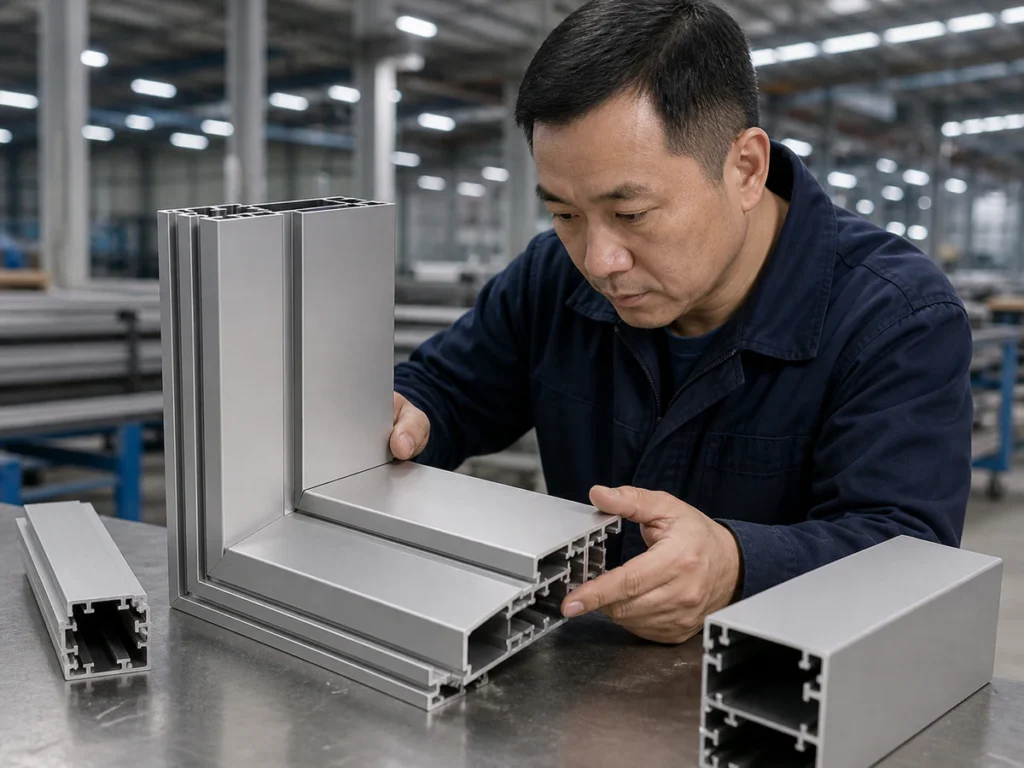 Engineer examining the mating faces of an aluminum frame corner sample.