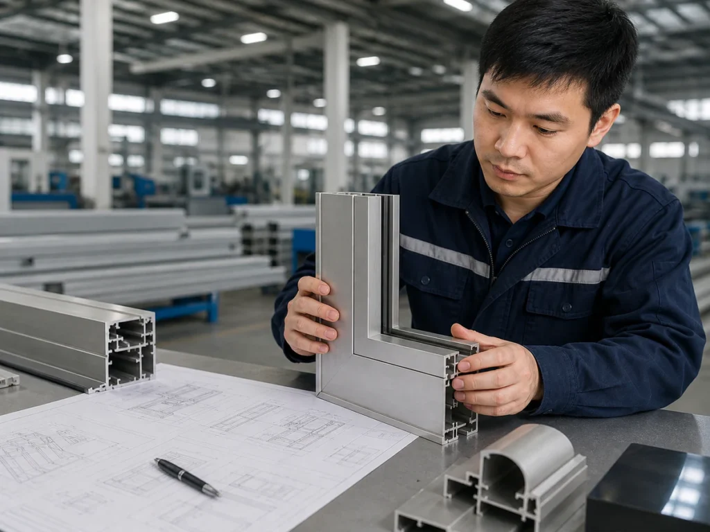 Engineer reviewing an aluminum corner joint beside a drawing and profile samples.