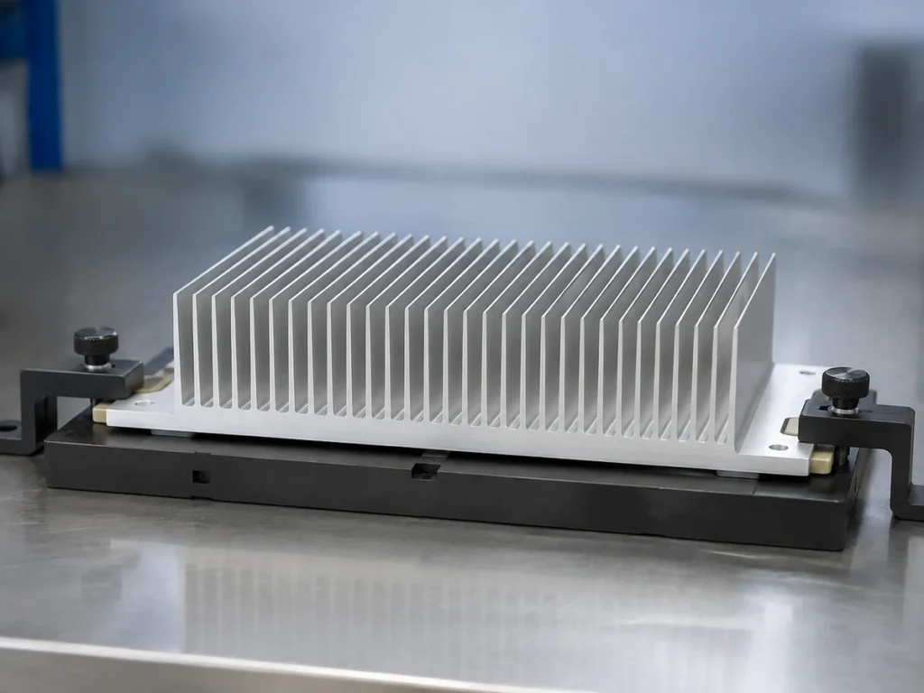Thin-fin aluminum heat sink supported beneath its base with clamps on the outer flanges.