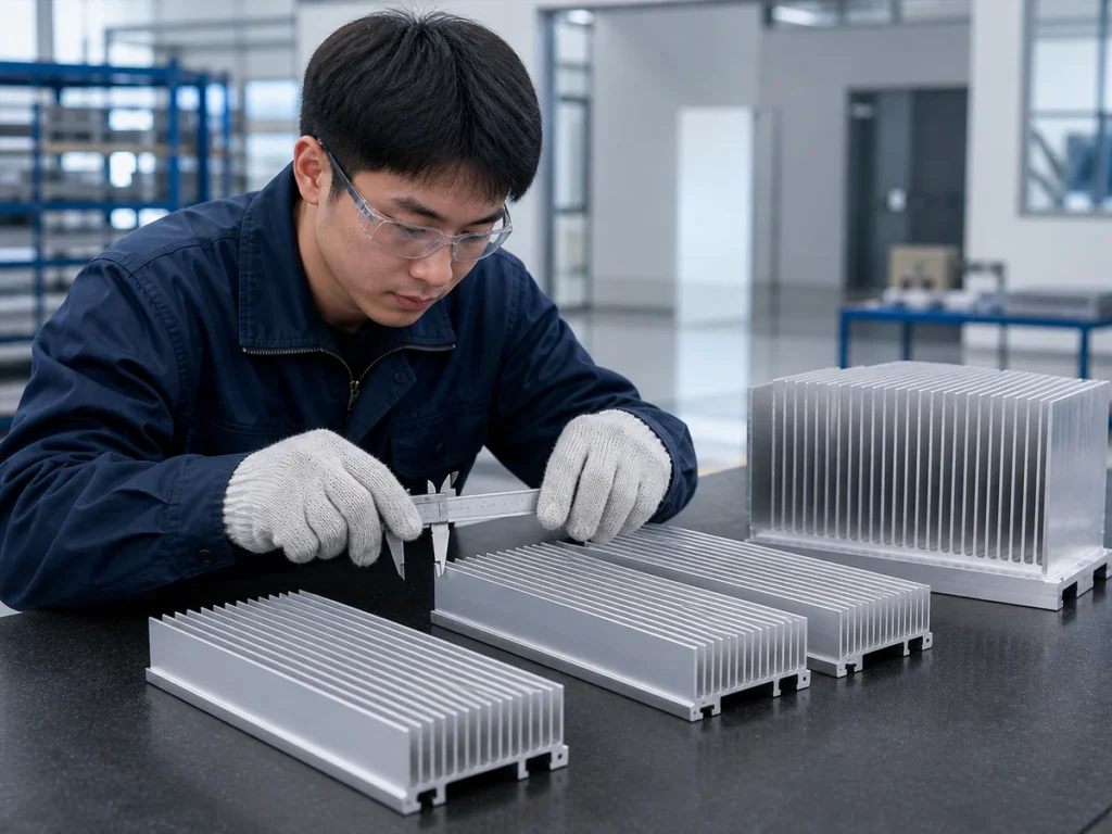 Engineer using a caliper to review a heat-sink sample beside other finned aluminum sections.