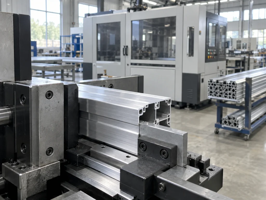 Large hollow aluminum extrusion positioned between metal fixture blocks, with an enclosed machine and stacked profiles in the workshop background.