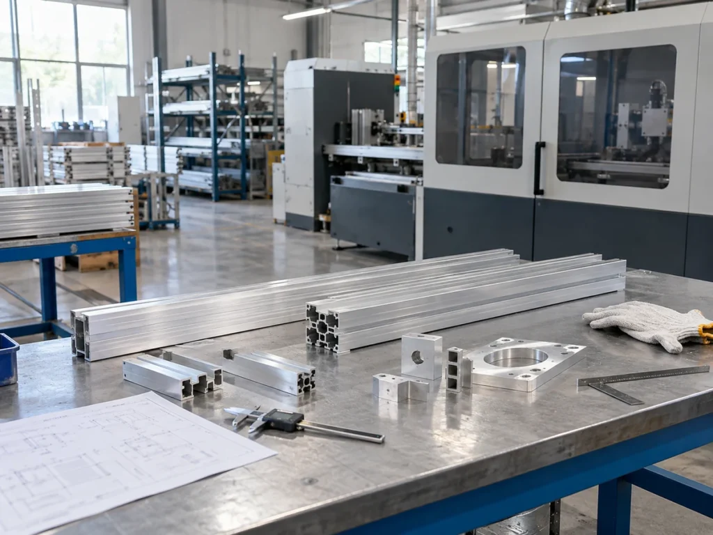 Aluminum extrusions and machined parts on a metal bench with a caliper, square, gloves and a drawing sheet, beside an enclosed industrial machine.
