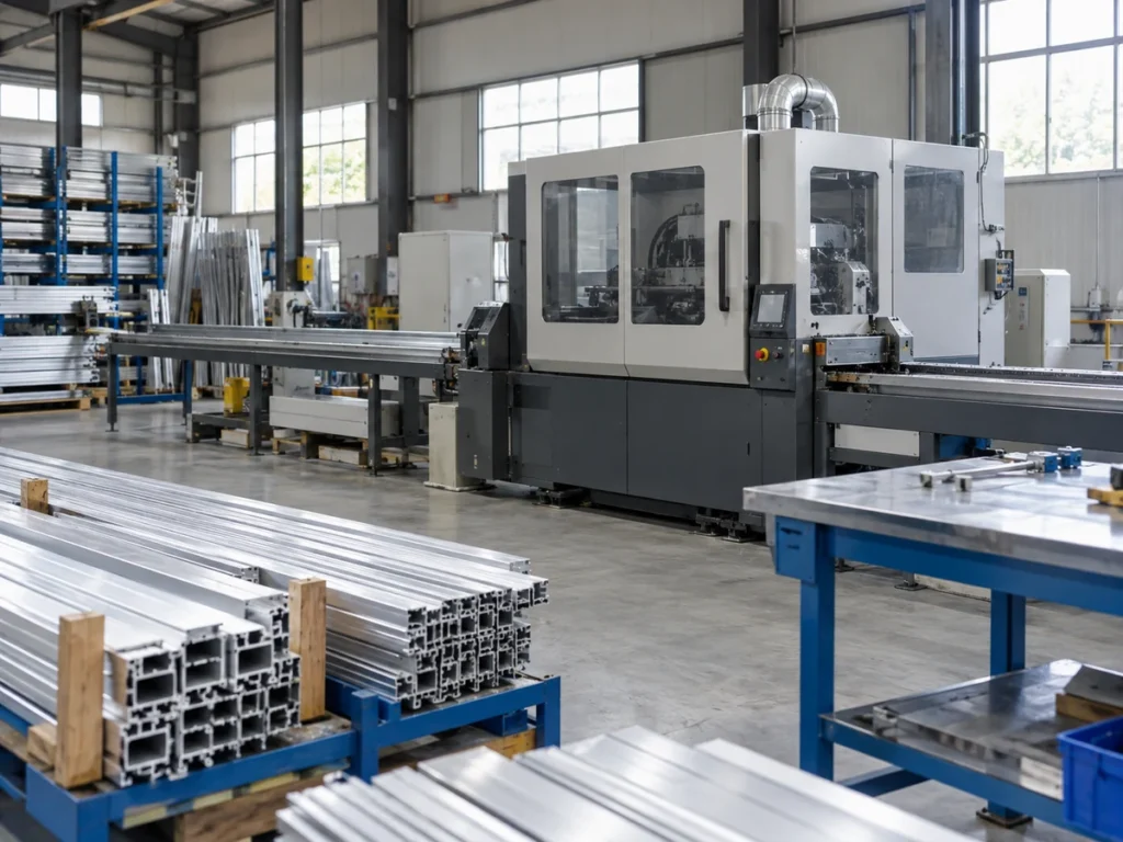 Enclosed gray industrial machine with long material tracks in a workshop, with stacks of aluminum profiles on blue supports in the foreground.