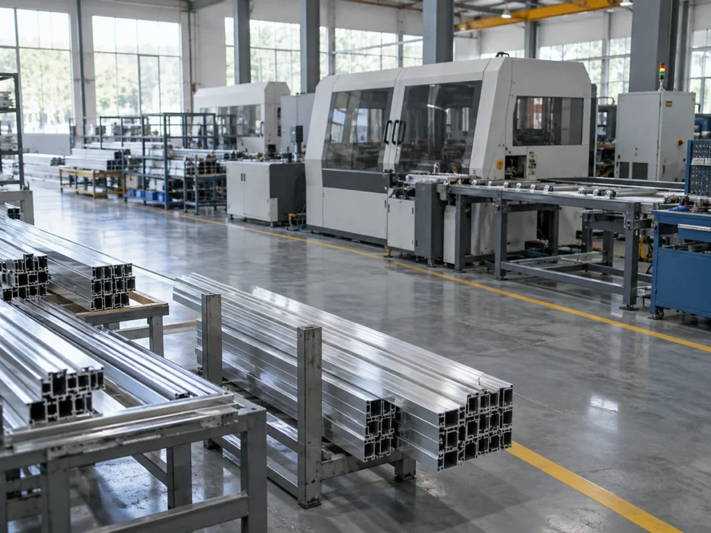 Long aluminum sections on racks beside an enclosed machine and roller equipment