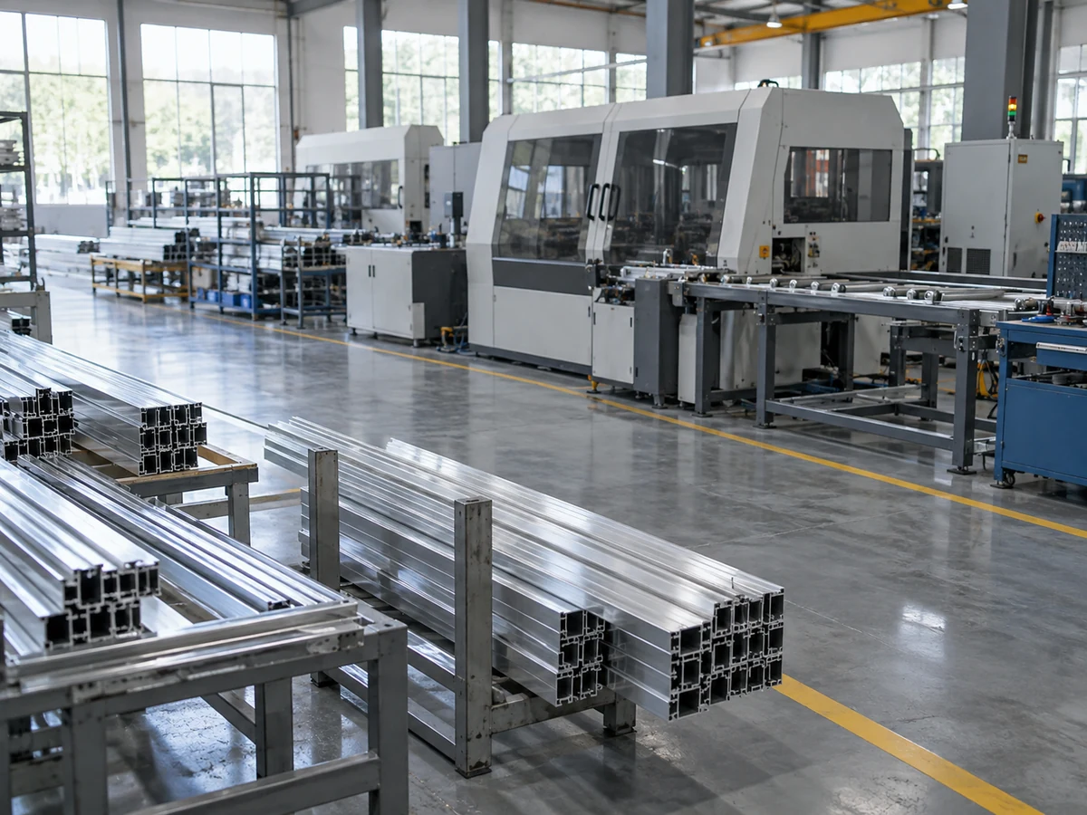 Illustrative enclosed cutting cell with long extrusion supports and adjacent material racks