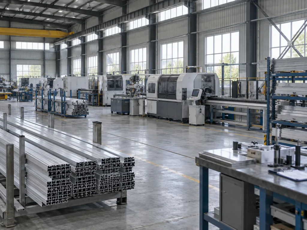 Workshop racks and enclosed machines illustrating the site review before replacing an aluminum saw