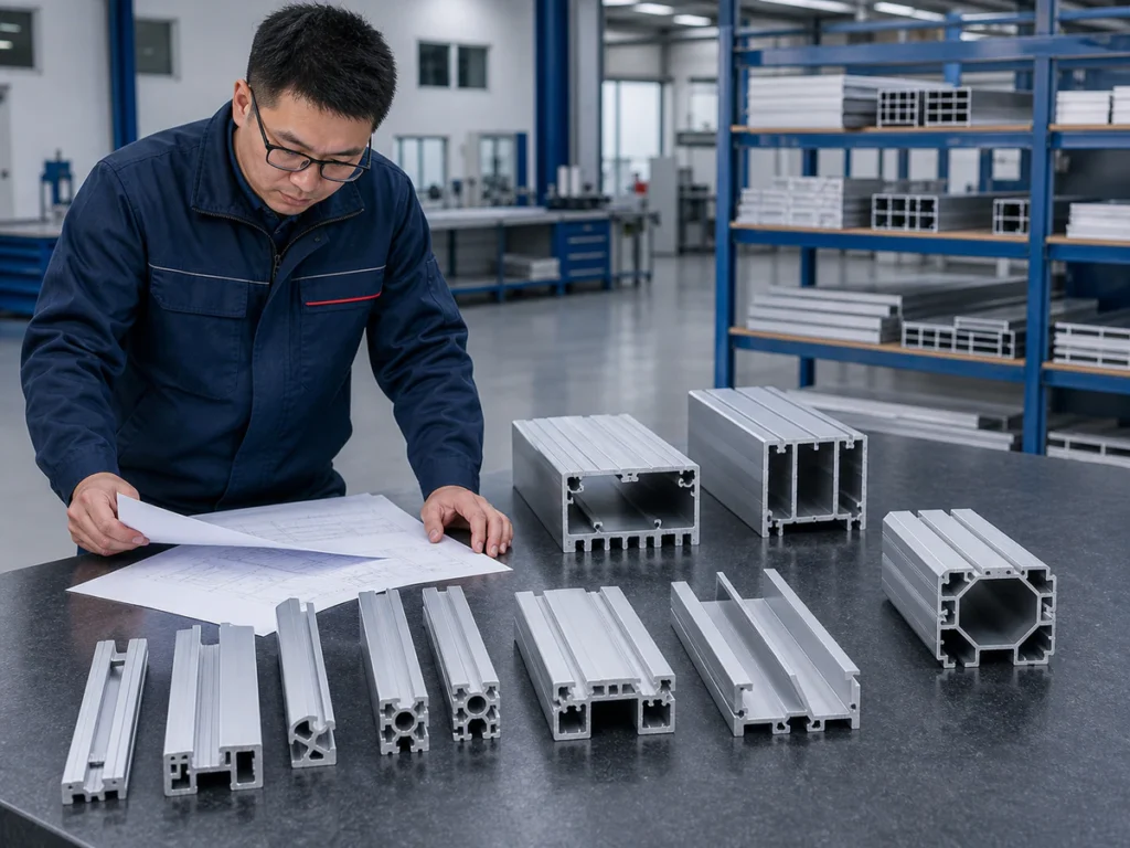 Engineer reviewing drawings beside a selection of aluminum extrusion profiles.