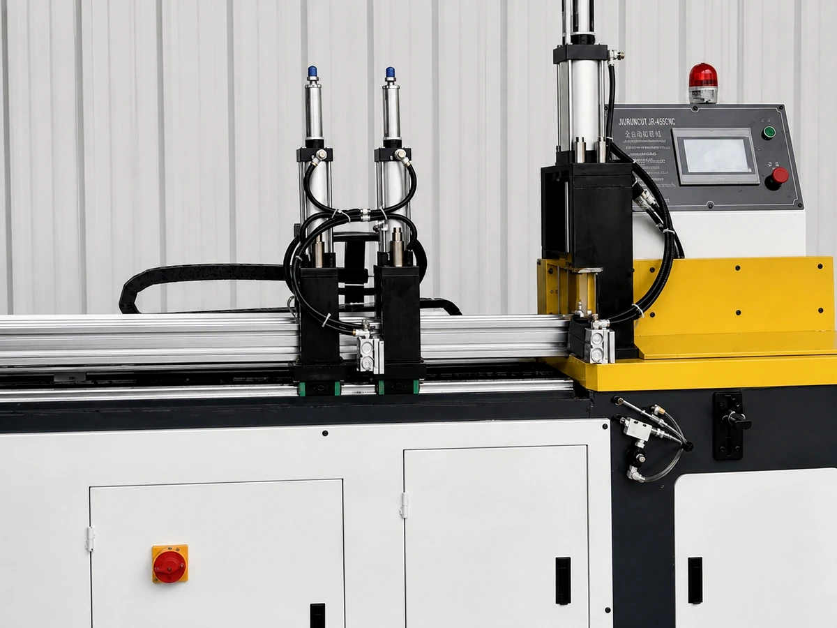 Illustrative JR-455CNC feeding and clamping area with aluminum profile stock