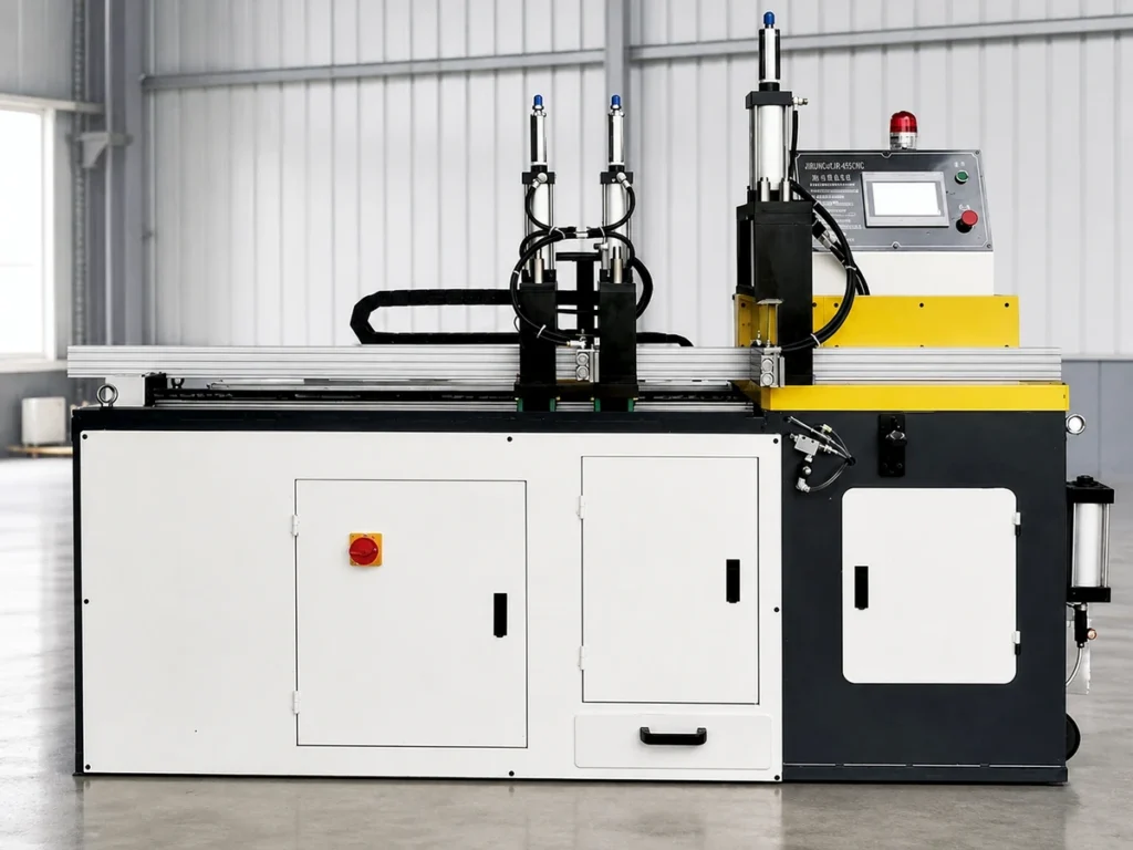 White and black cutting machine with upright cylinders, a control screen and a black carrier loop behind the profile.