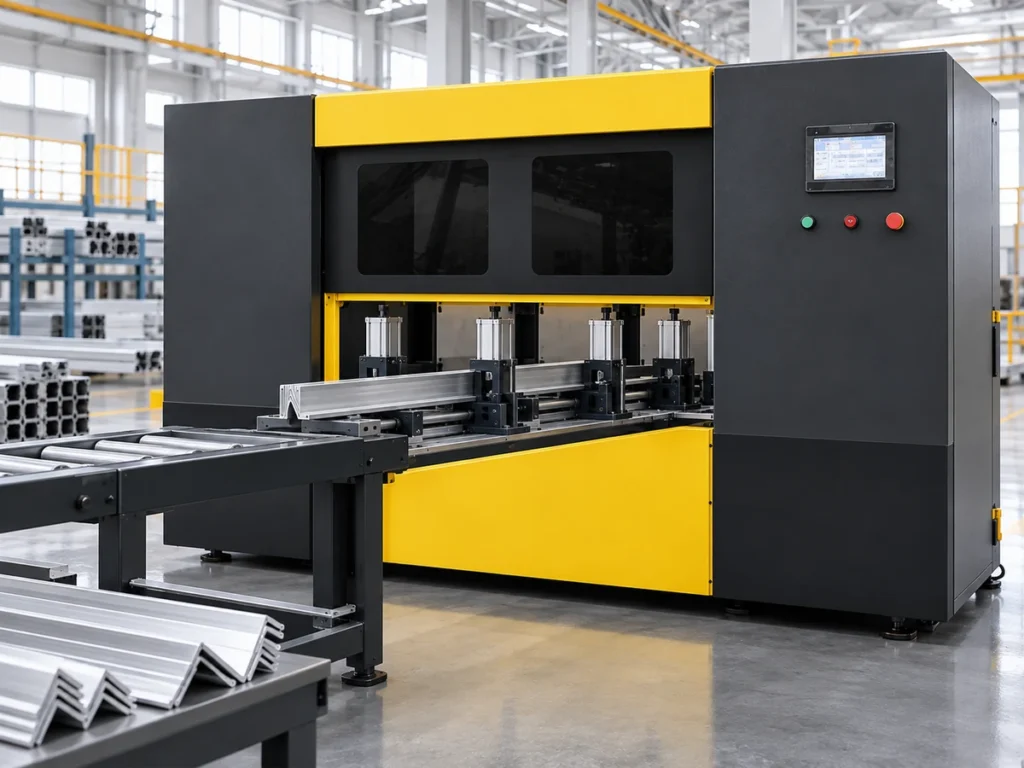 Black and yellow enclosed machine with aluminum sections, multiple visible clamp assemblies and a roller support.