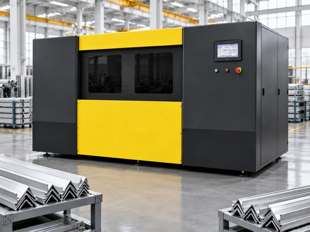 Enclosed industrial machine with screen and buttons illustrating CNC aluminum saw training context