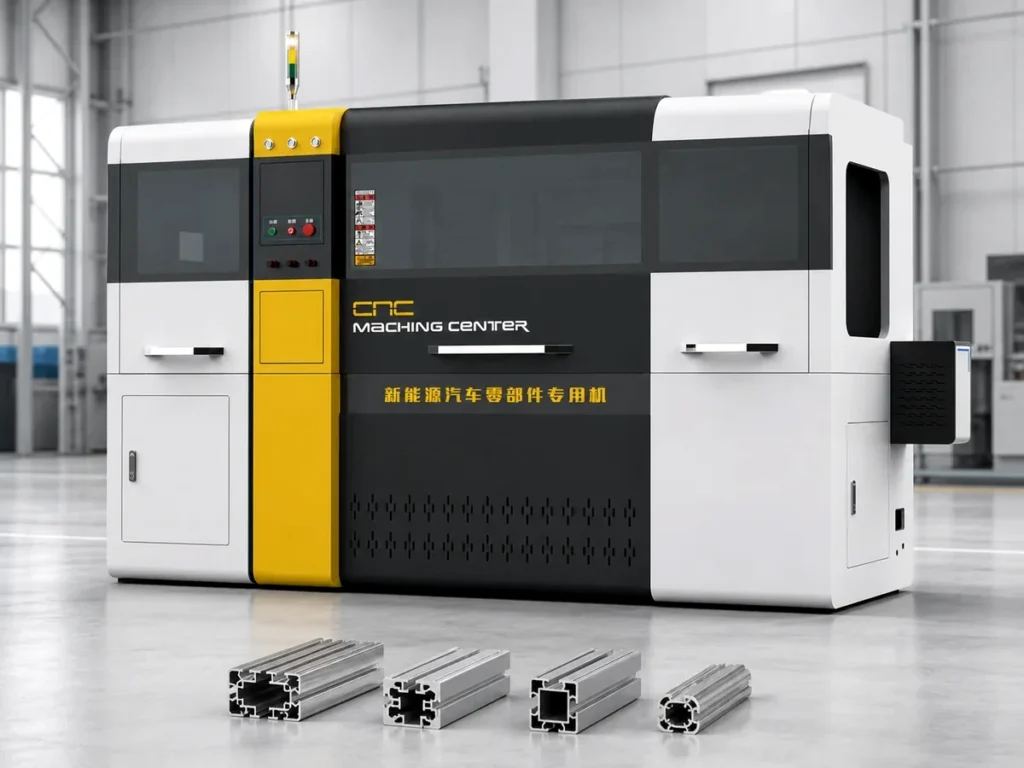 Enclosed industrial machine with a yellow front control column and aluminum sections arranged nearby