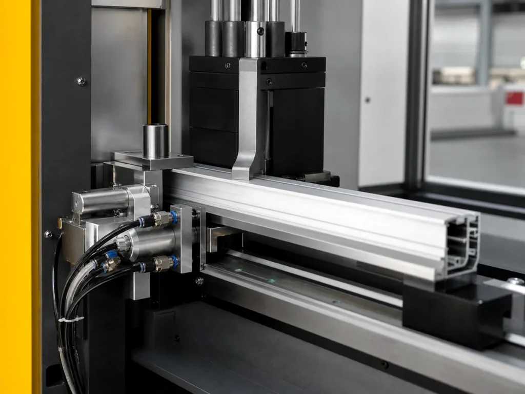 Aluminum profile beside machine guides and hoses in a work area.