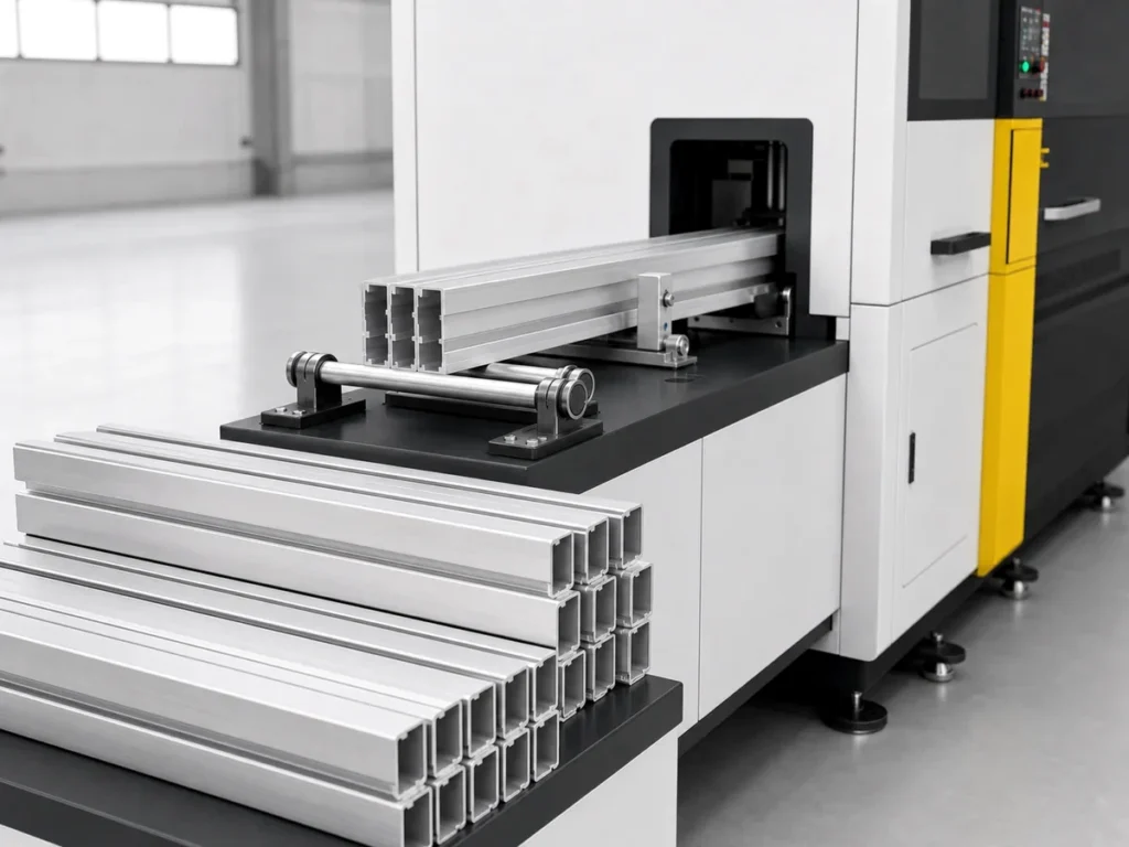 Aluminum profiles resting on a roller support at an enclosed cutting machine with additional profiles stacked in front.