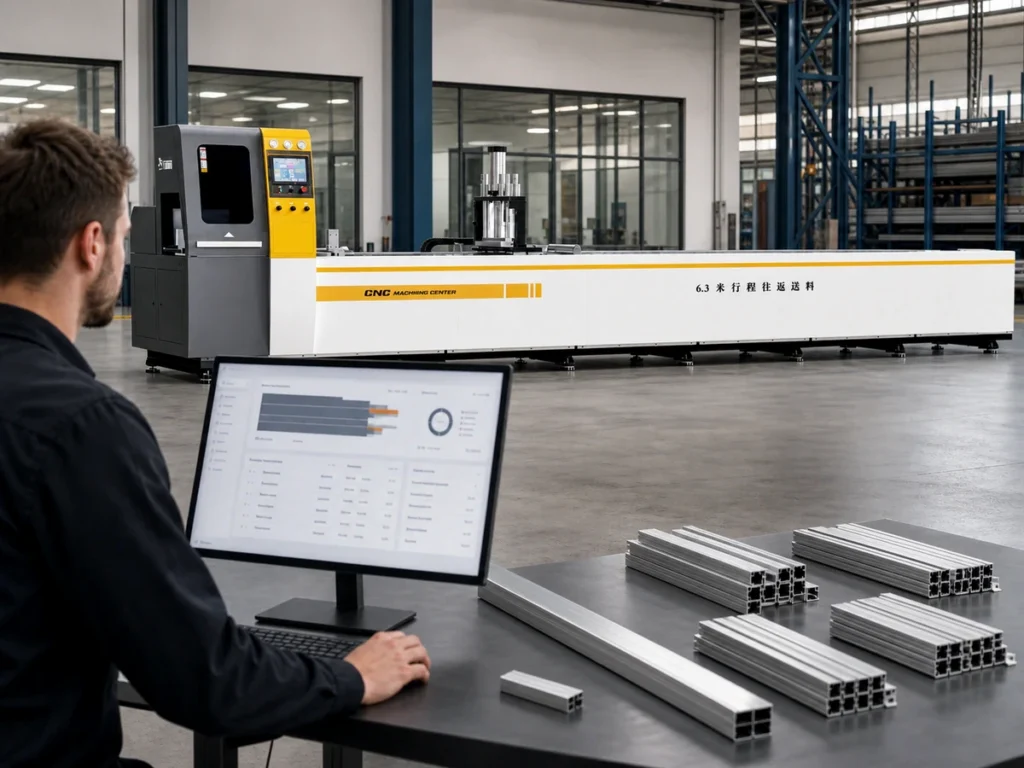 Person at a desktop monitor beside aluminum profile samples, with a long white, black and yellow machine in the background.