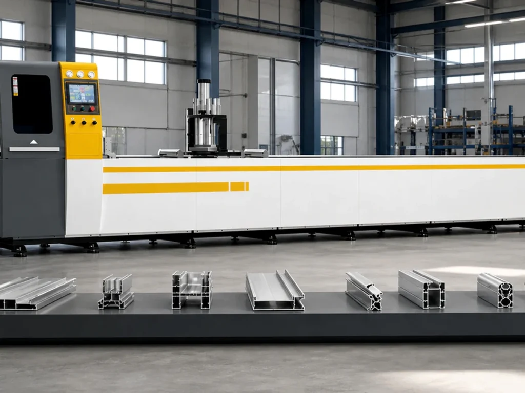 Wide view of a white, black and yellow long industrial machine with seven aluminum profile sections on a foreground table.