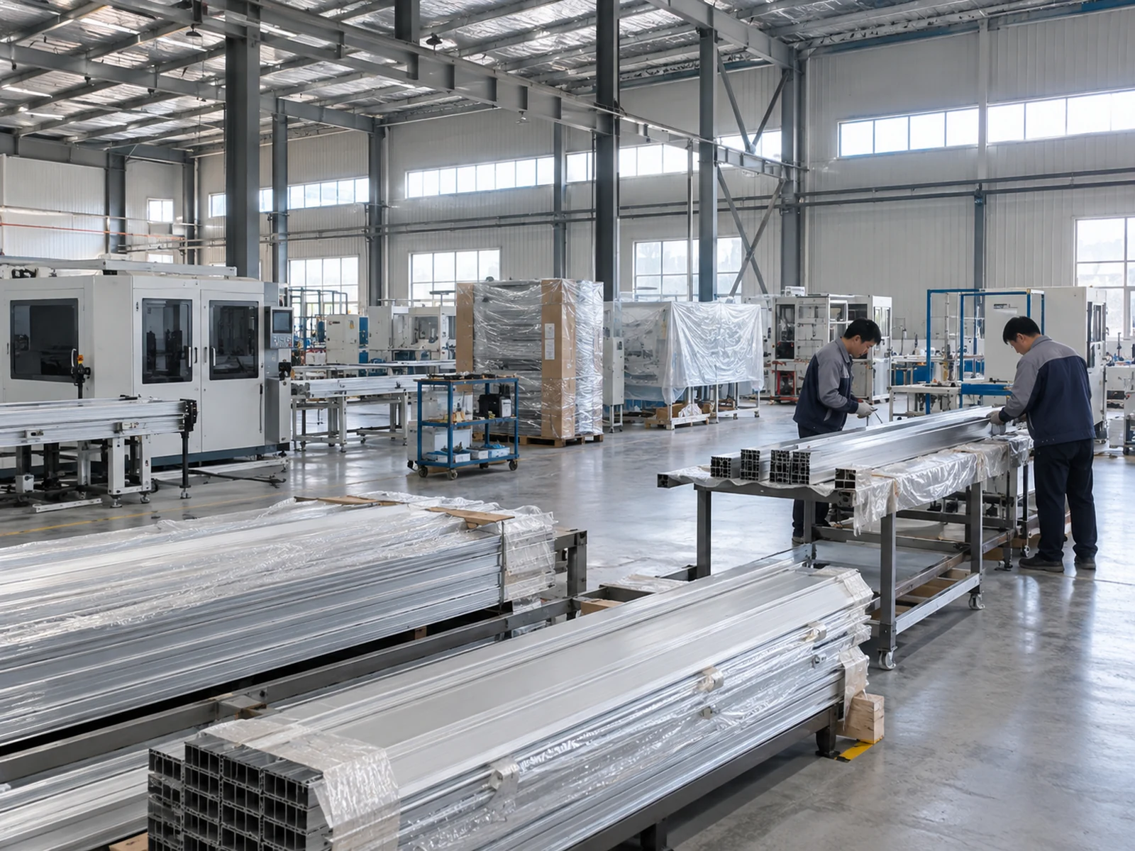 Illustrative workshop scene with wrapped extrusion bundles and packaged equipment in the background